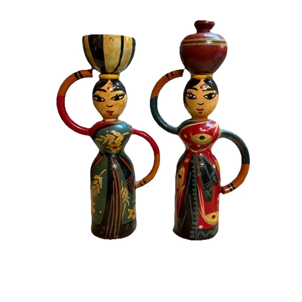 Vintage Karnataka Handmade Wooden Folk Art Dolls Candle Holders – Set of 2